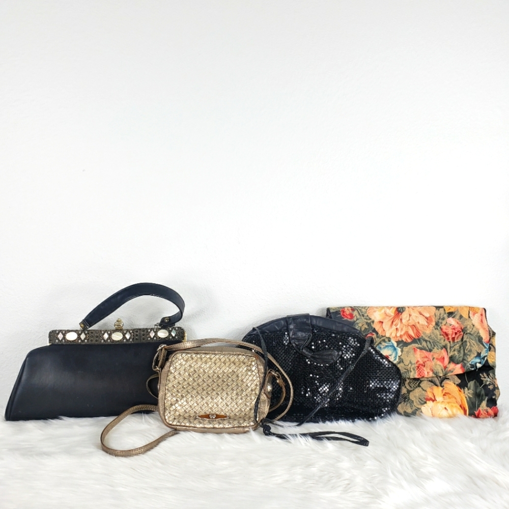 Vintage Bag Bundle of 4 Pearl, Stones, Woven, Gold, Chain Mail and Floral Print